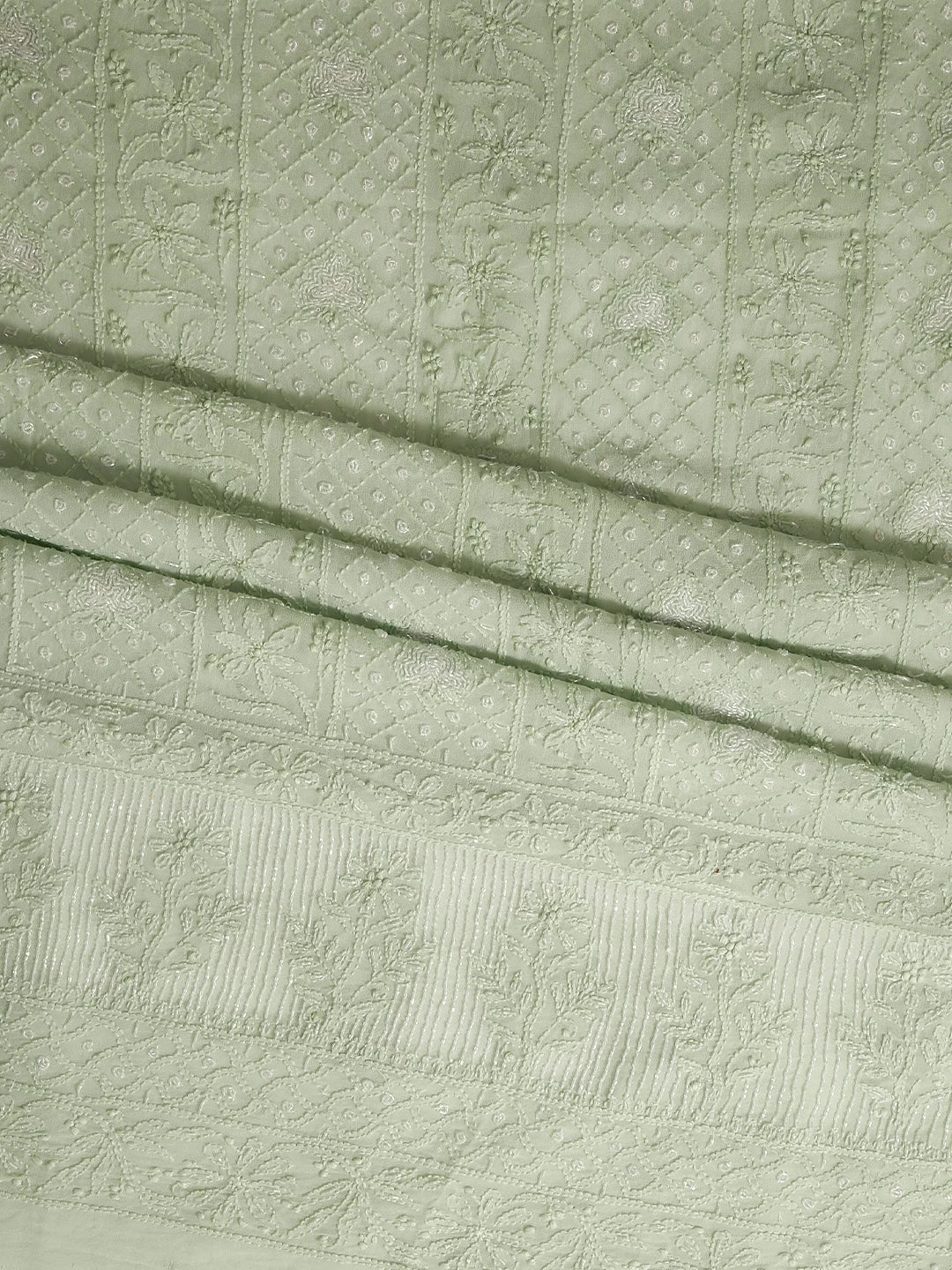 Ada Hand Embroidered Tea Green Viscose Georgette Lucknowi Chikankari Unstitched Kurta Dupatta Set With Pearl Work 01A399888