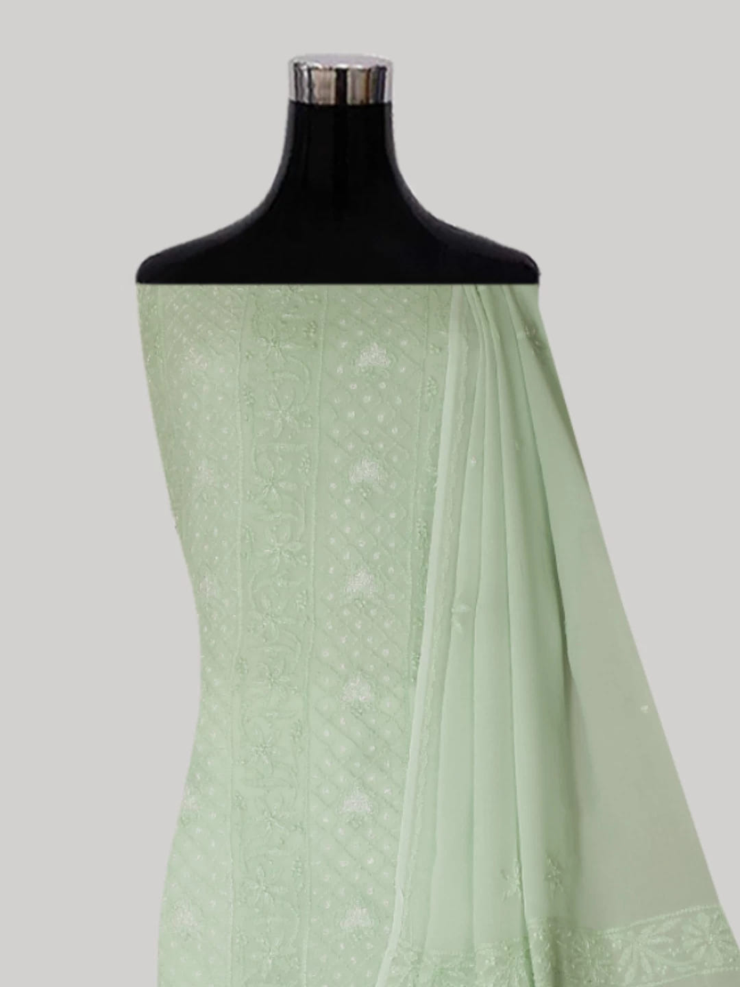 Ada Hand Embroidered Tea Green Viscose Georgette Lucknowi Chikankari Unstitched Kurta Dupatta Set With Pearl Work 01A399888