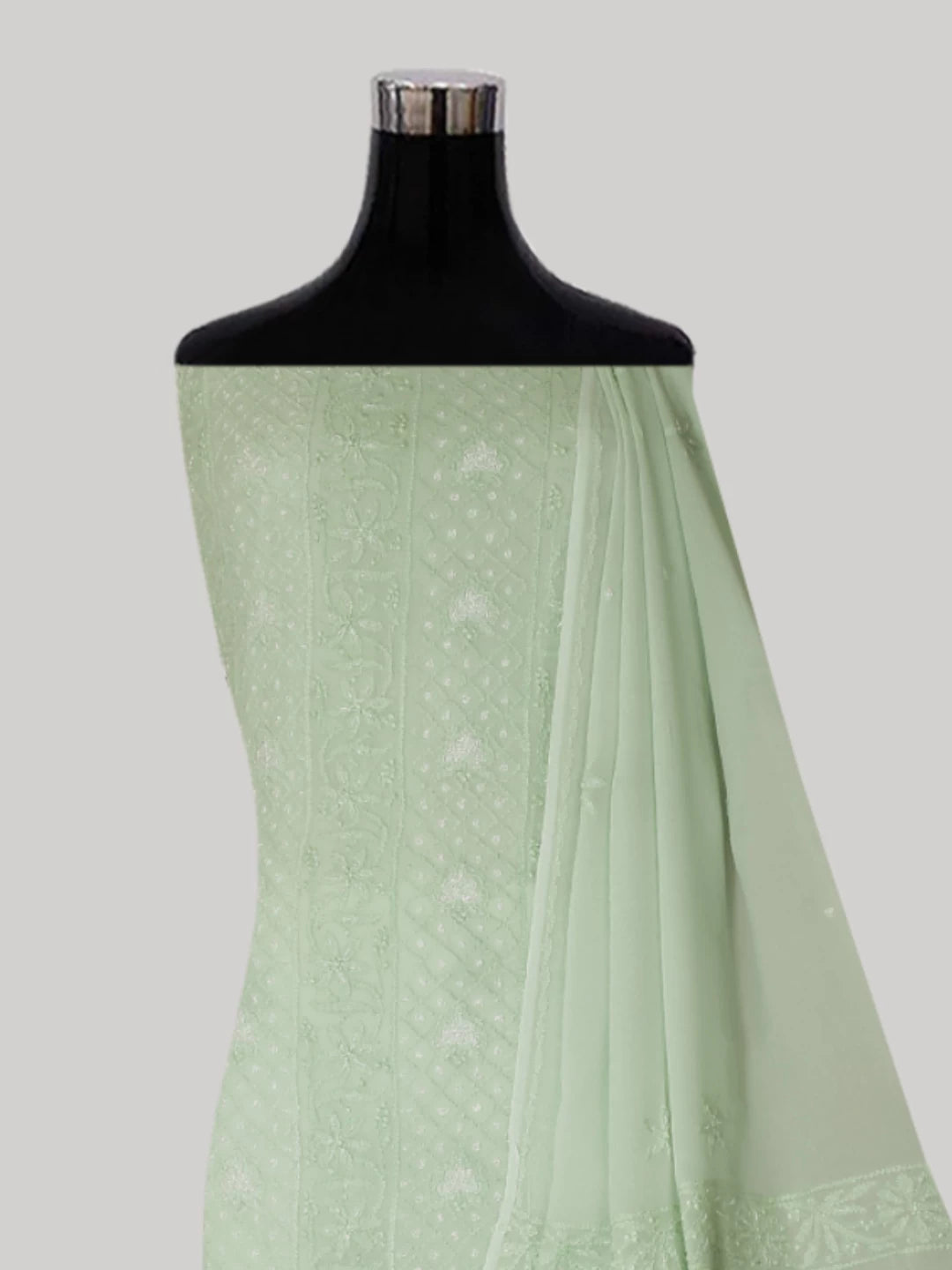 Ada Hand Embroidered Tea Green Viscose Georgette Lucknowi Chikankari Unstitched Kurta Dupatta Set With Pearl Work 01A399888