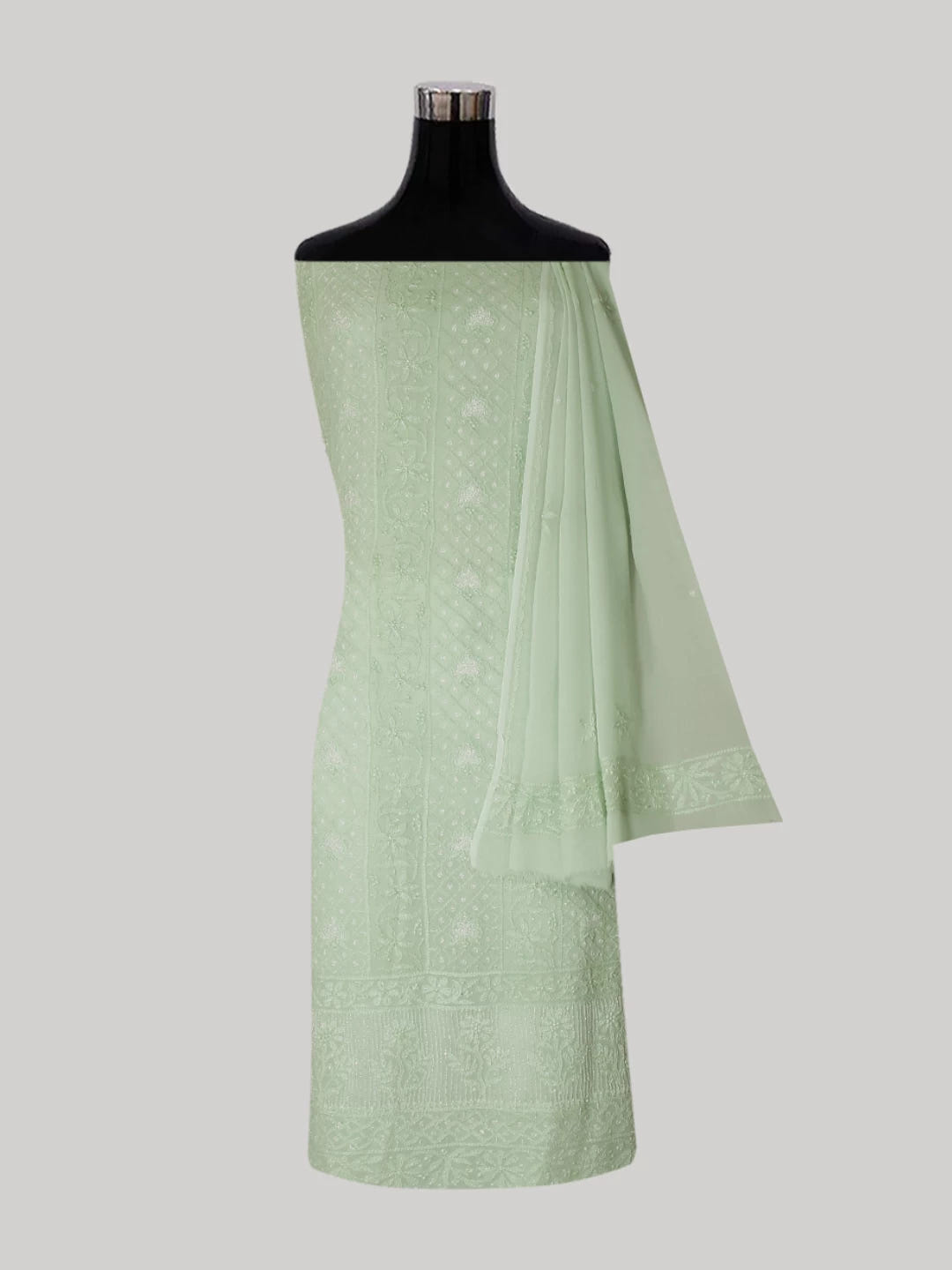 Ada Hand Embroidered Tea Green Viscose Georgette Lucknowi Chikankari Unstitched Kurta Dupatta Set With Pearl Work 01A399888