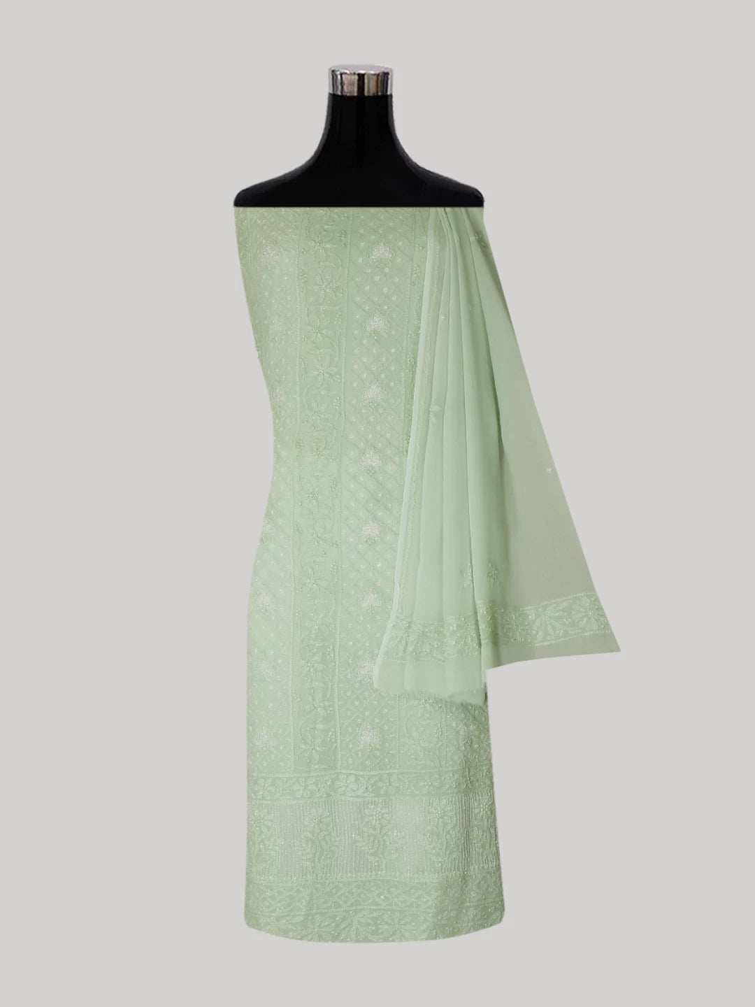 Ada Hand Embroidered Tea Green Viscose Georgette Lucknowi Chikankari Unstitched Kurta Dupatta Set With Pearl Work 01A399888