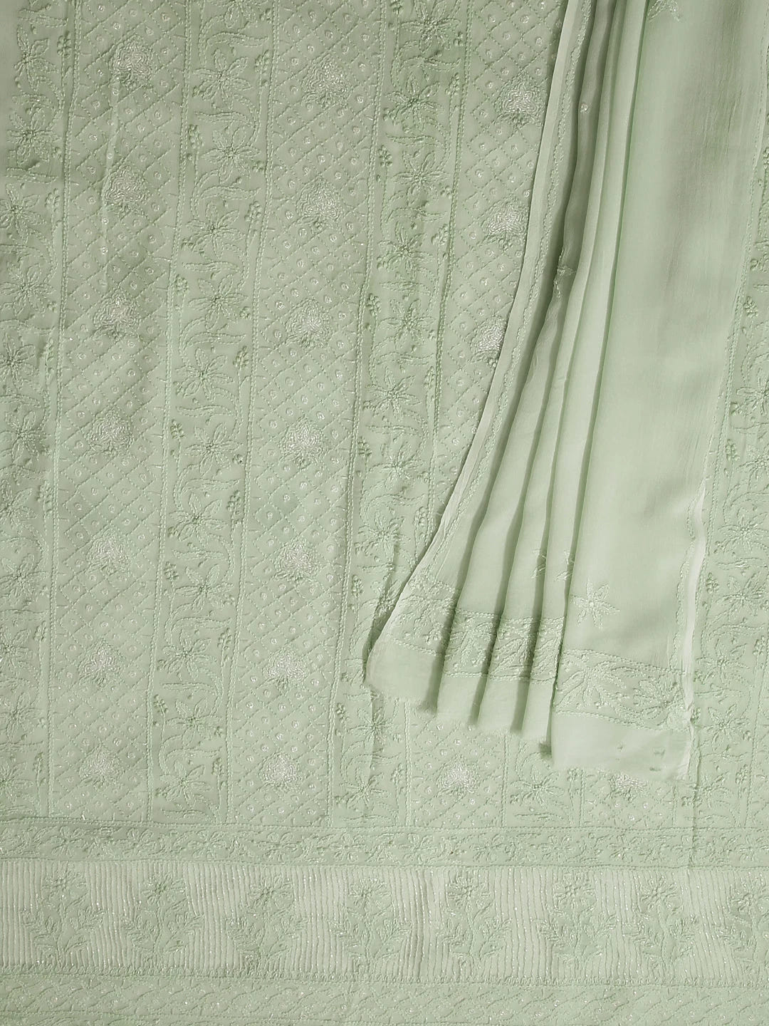 Ada Hand Embroidered Tea Green Viscose Georgette Lucknowi Chikankari Unstitched Kurta Dupatta Set With Pearl Work 01A399888