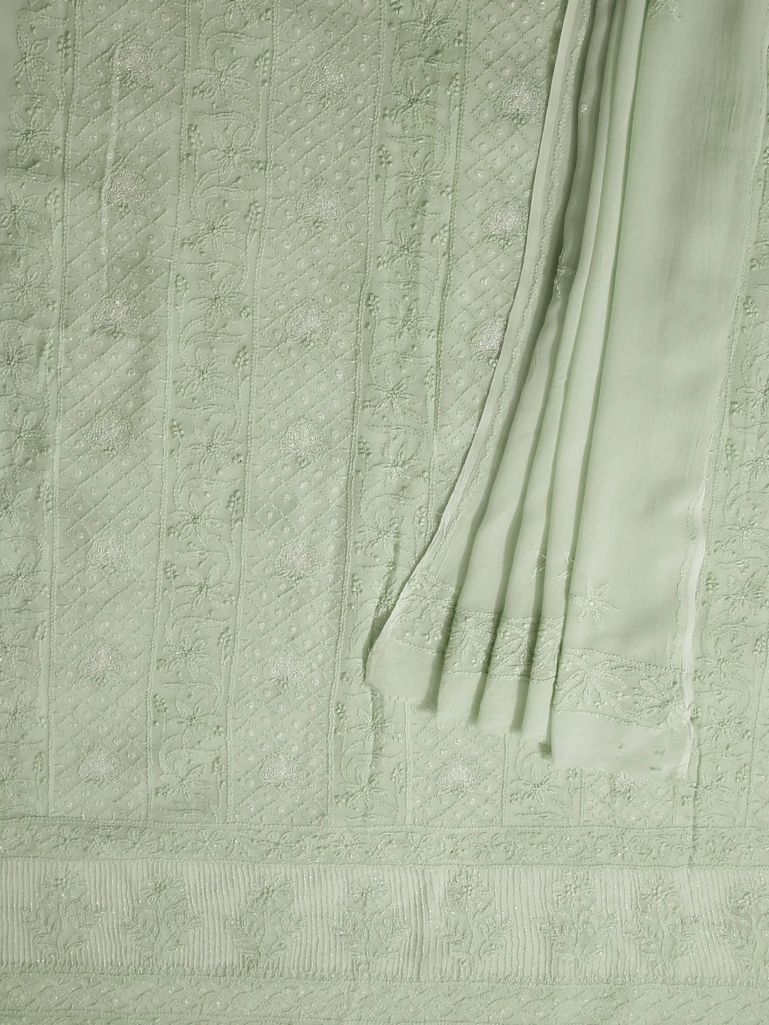 Ada Hand Embroidered Tea Green Viscose Georgette Lucknowi Chikankari Unstitched Kurta Dupatta Set With Pearl Work 01A399888