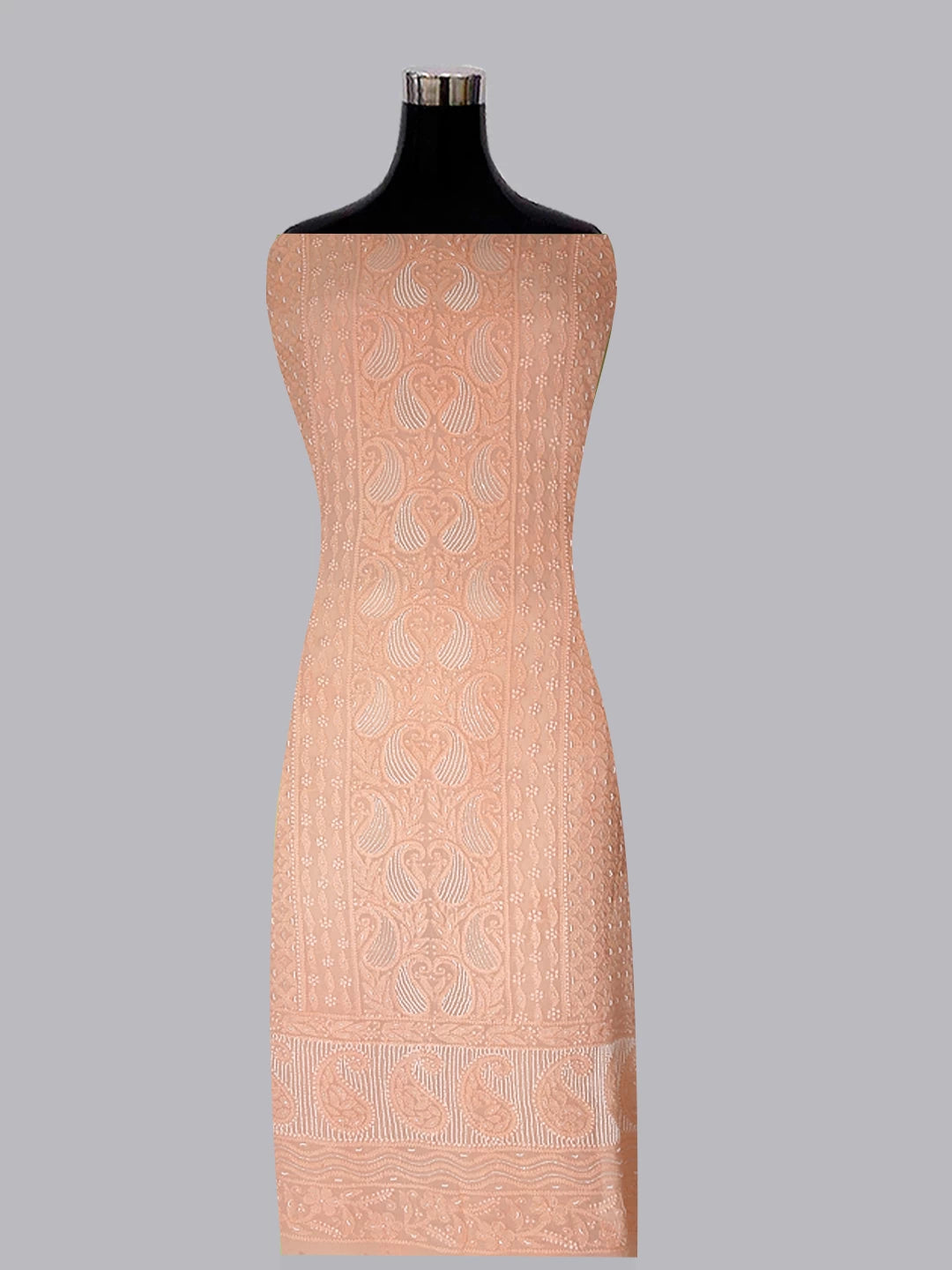Ada Hand Embroidered Peach Viscose Georgette Lucknowi Chikankari Unstitched Kurta Dupatta Set With Pearl Work 01A413387