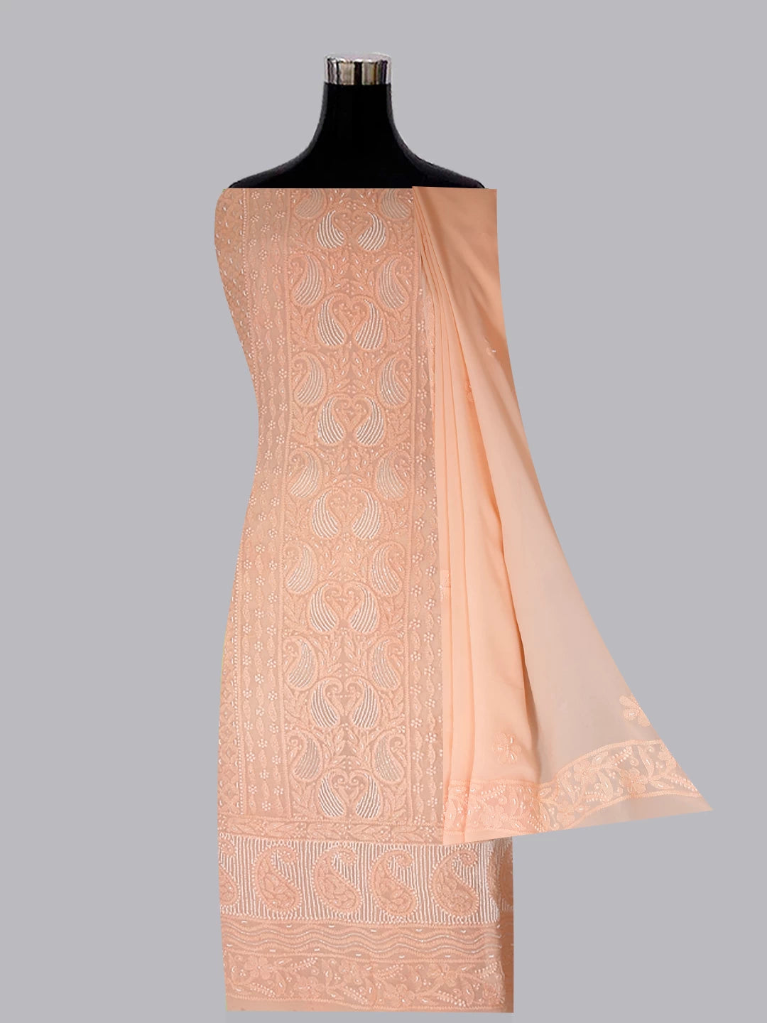 Ada Hand Embroidered Peach Viscose Georgette Lucknowi Chikankari Unstitched Kurta Dupatta Set With Pearl Work 01A413387