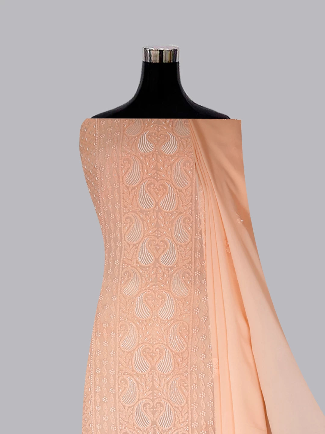 Ada Hand Embroidered Peach Viscose Georgette Lucknowi Chikankari Unstitched Kurta Dupatta Set With Pearl Work 01A413387