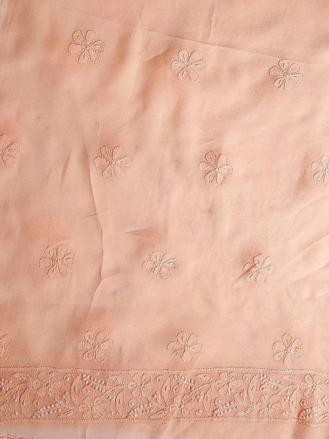 Ada Hand Embroidered Peach Viscose Georgette Lucknowi Chikankari Unstitched Kurta Dupatta Set With Pearl Work 01A413387