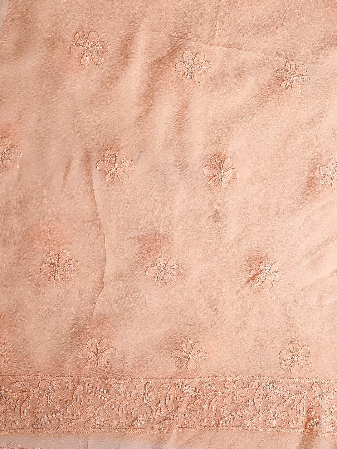 Ada Hand Embroidered Peach Viscose Georgette Lucknowi Chikankari Unstitched Kurta Dupatta Set With Pearl Work 01A413387