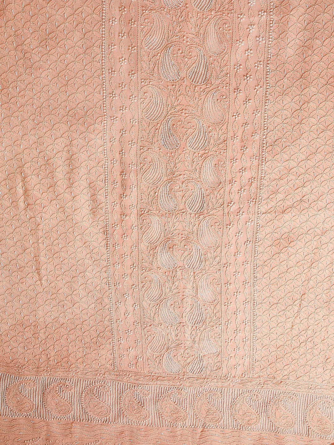 Ada Hand Embroidered Peach Viscose Georgette Lucknowi Chikankari Unstitched Kurta Dupatta Set With Pearl Work 01A413387
