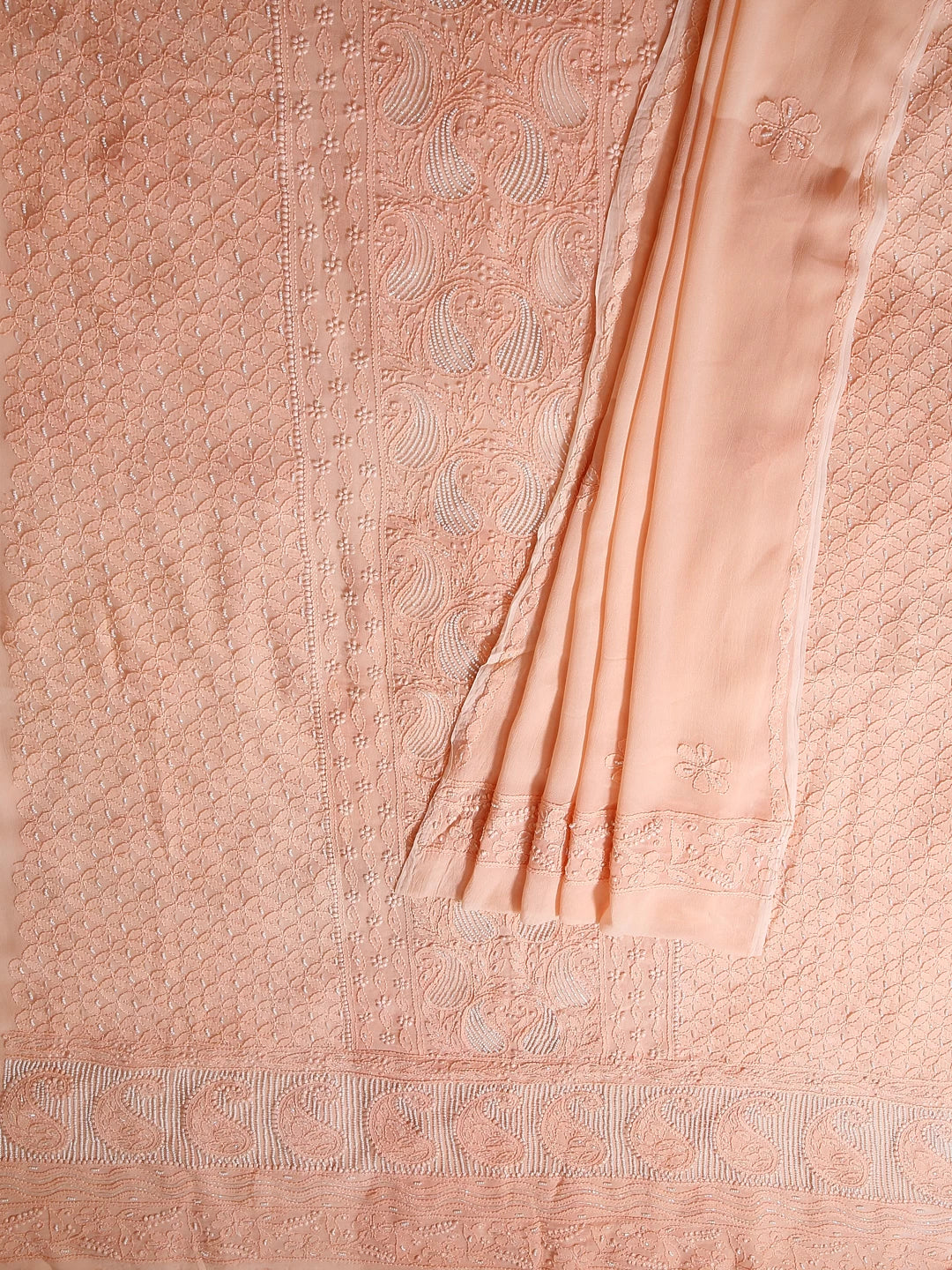 Ada Hand Embroidered Peach Viscose Georgette Lucknowi Chikankari Unstitched Kurta Dupatta Set With Pearl Work 01A413387