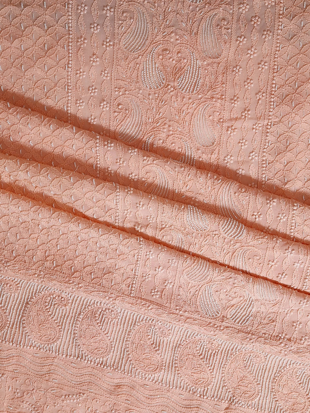 Ada Hand Embroidered Peach Viscose Georgette Lucknowi Chikankari Unstitched Kurta Dupatta Set With Pearl Work 01A413387