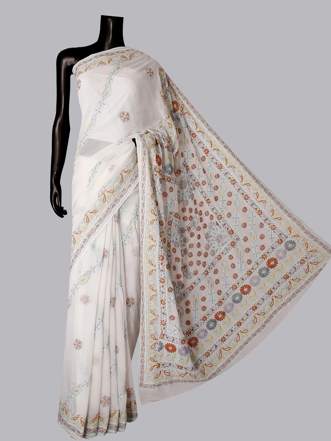 Ada Hand Embroidered Off White Pure Georgette Lucknowi Chikankari Saree With Blouse 01A330768