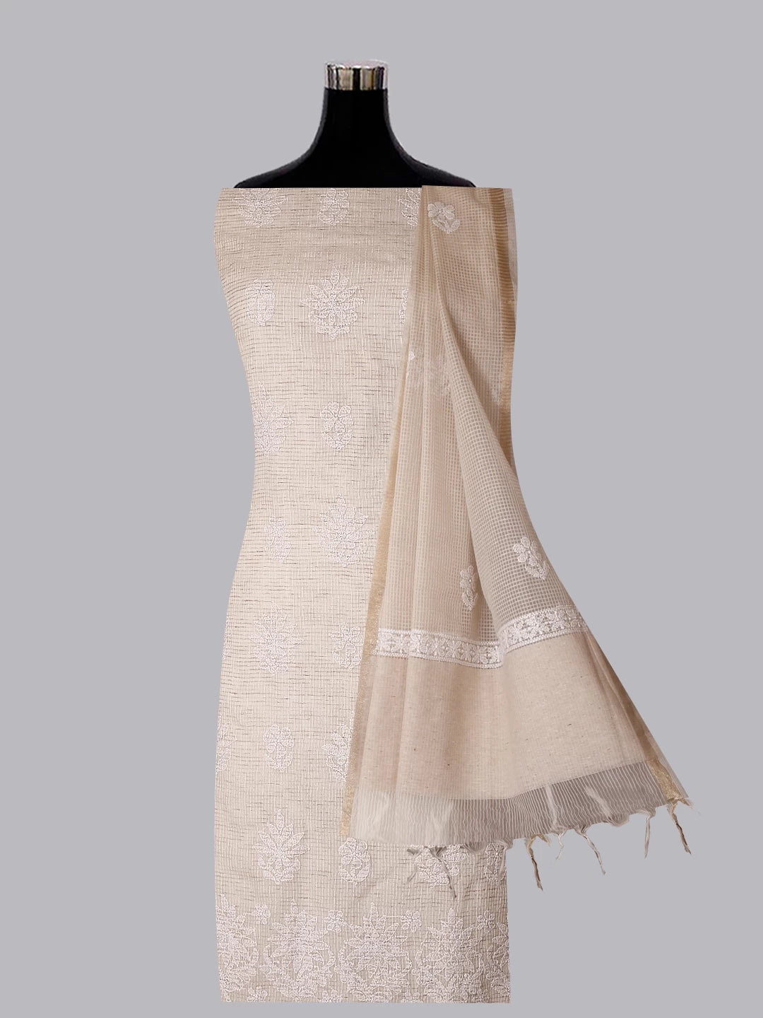 Ada Hand Embroidered Oat Fawn Kota Chanderi Lucknowi Chikankari Unstitched Kurta Dupatta Set 01A435943