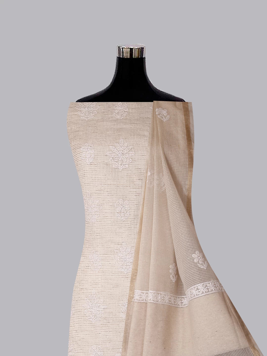 Ada Hand Embroidered Oat Fawn Kota Chanderi Lucknowi Chikankari Unstitched Kurta Dupatta Set 01A435943