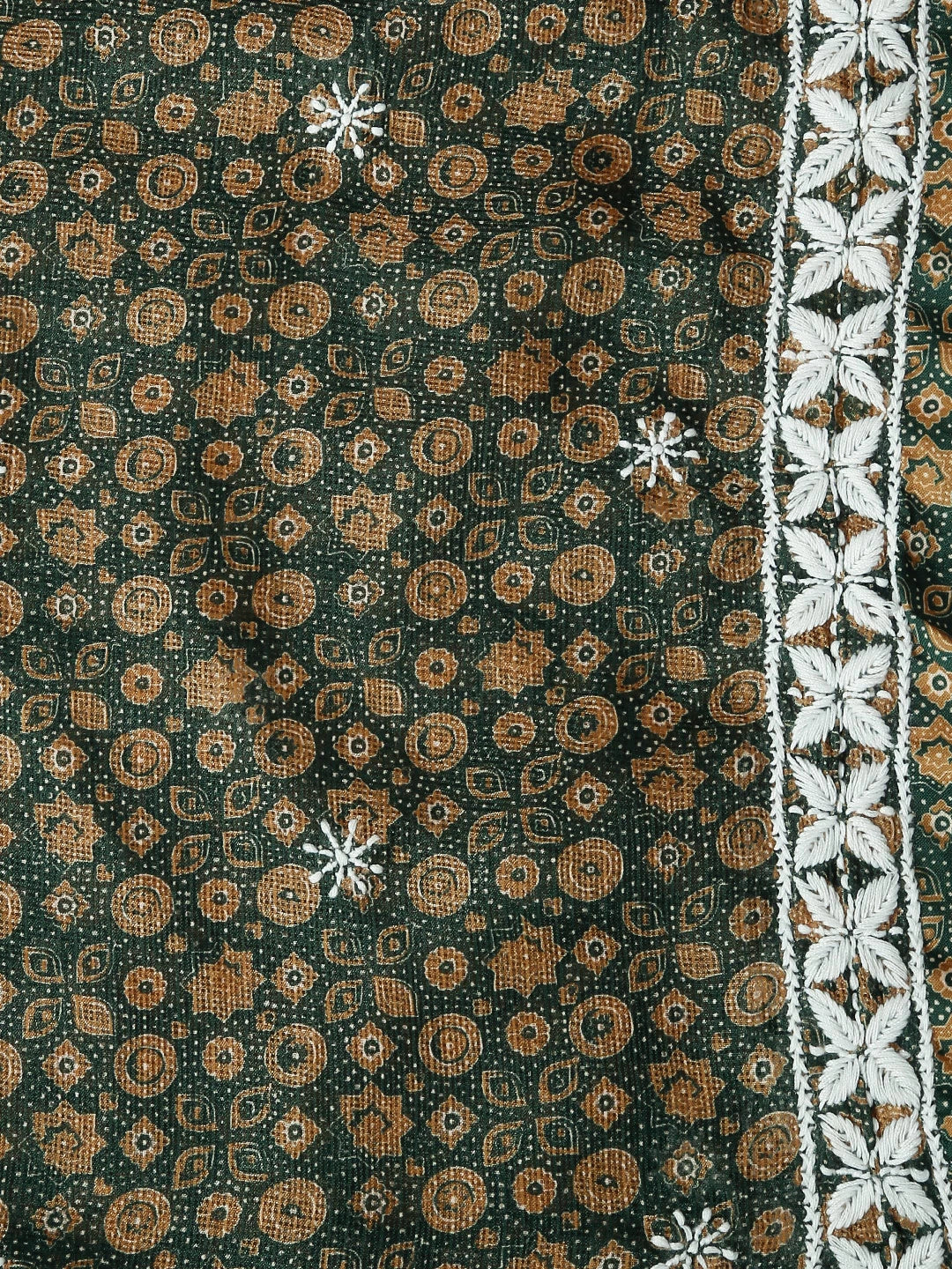Ada Hand Embroidered Mehandi Green Floral Printed Kota Silk Lucknowi Chikankari Unstitched Kurta Piece 01A409930