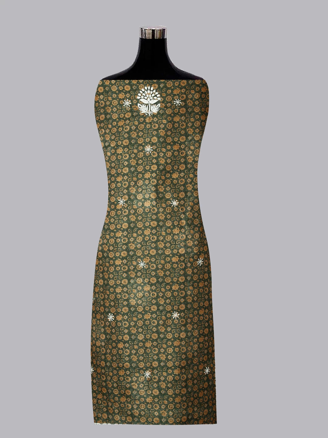 Ada Hand Embroidered Mehandi Green Floral Printed Kota Silk Lucknowi Chikankari Unstitched Kurta Piece 01A409930