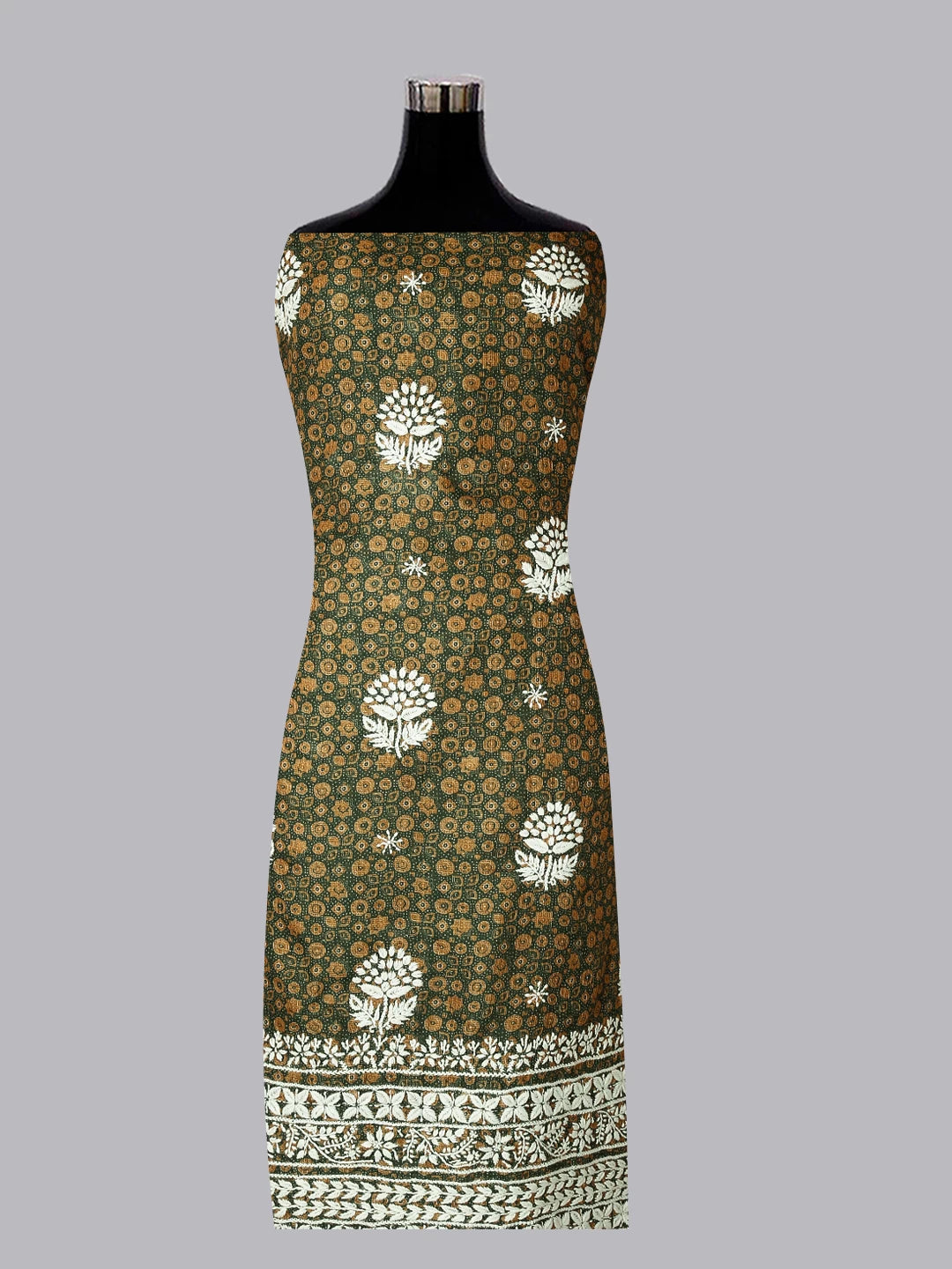 Ada Hand Embroidered Mehandi Green Floral Printed Kota Silk Lucknowi Chikankari Unstitched Kurta Piece 01A409930