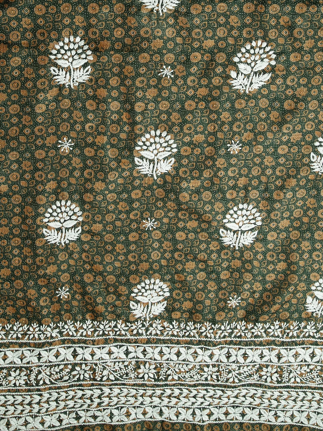 Ada Hand Embroidered Mehandi Green Floral Printed Kota Silk Lucknowi Chikankari Unstitched Kurta Piece 01A409930