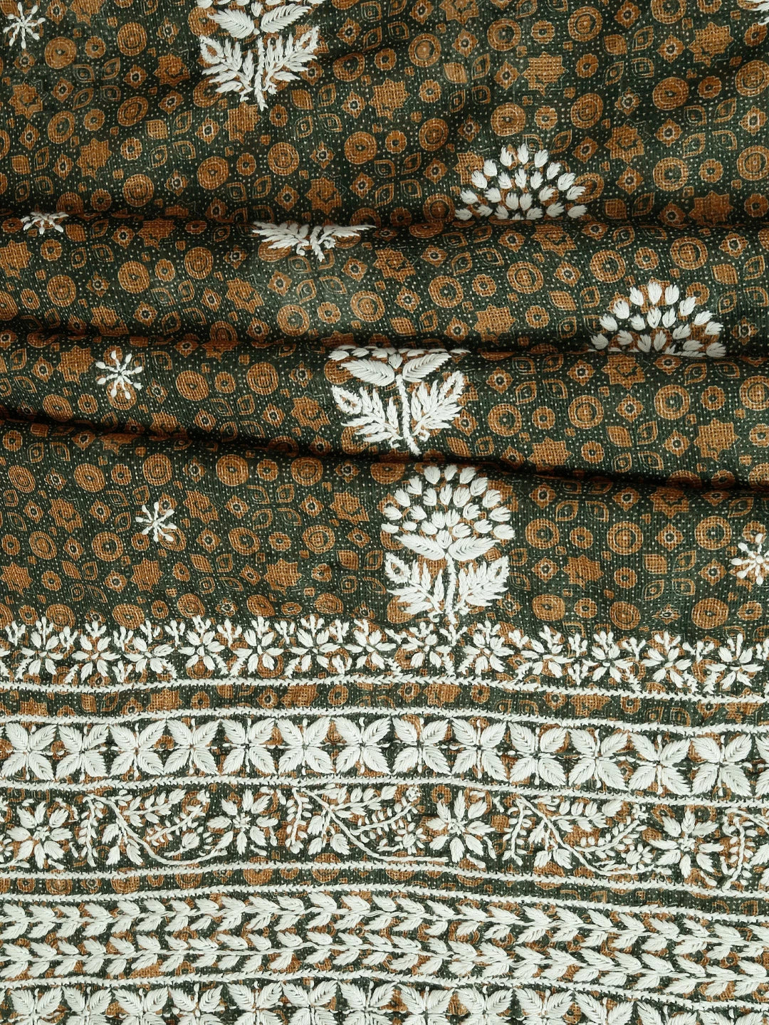 Ada Hand Embroidered Mehandi Green Floral Printed Kota Silk Lucknowi Chikankari Unstitched Kurta Piece 01A409930