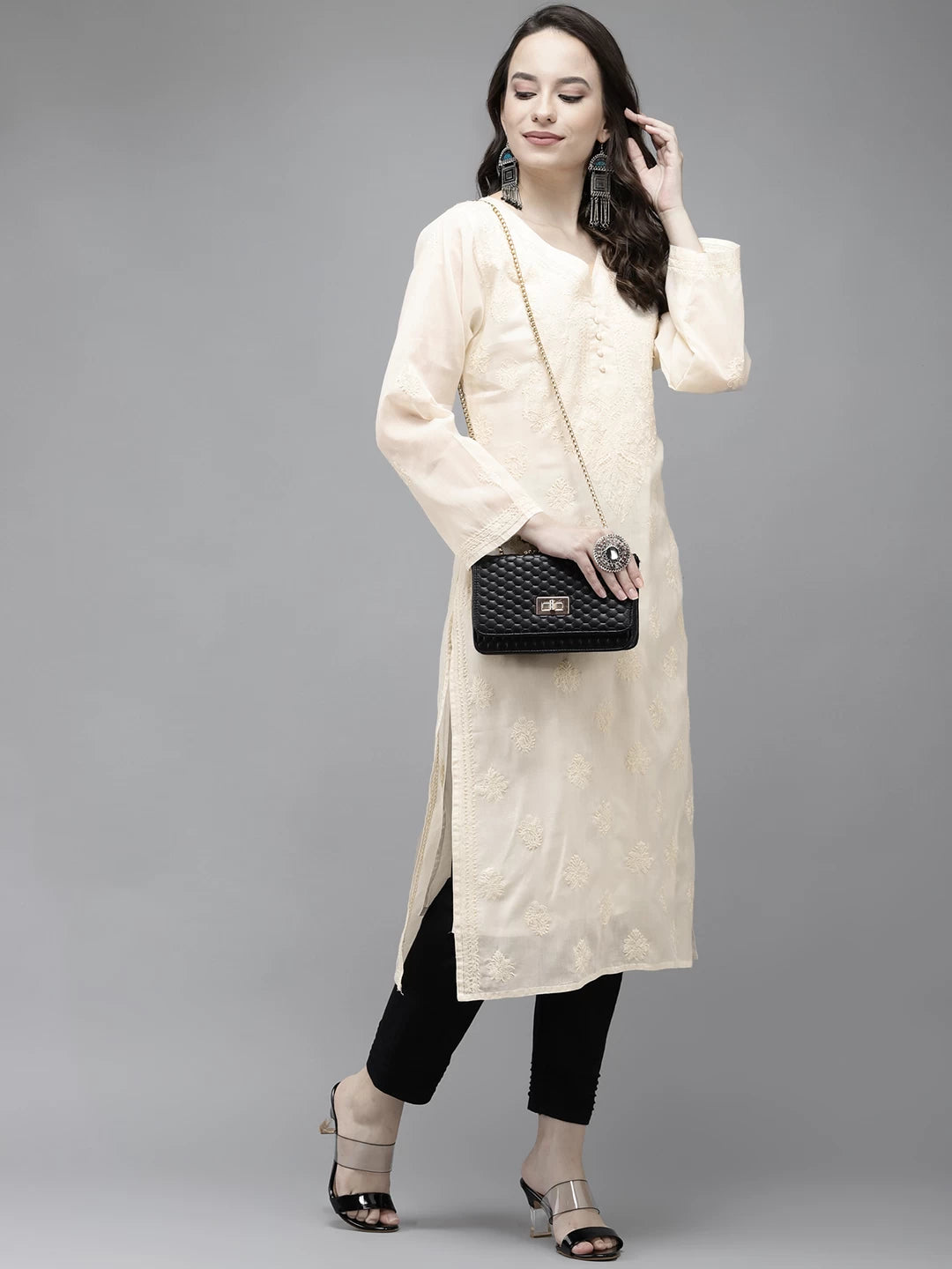 Ada Hand Embroidered Cream Cotton Lucknowi Chikankari Kurta Set A811209