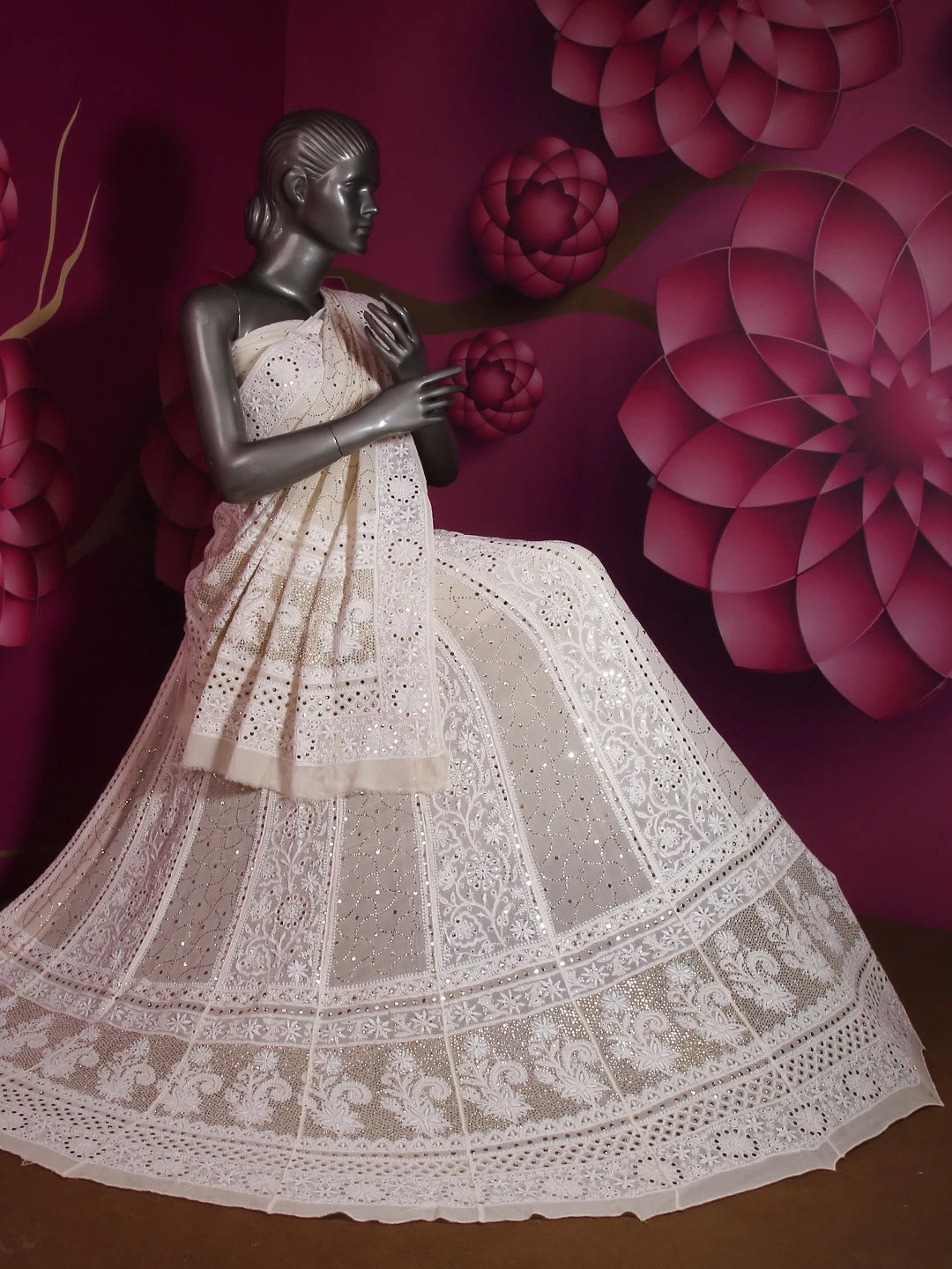 Ada Hand Embroidered Ivory White Pure Georgette Lucknowi Chikankari Lehenga Set With Muqaish Work 01A377873