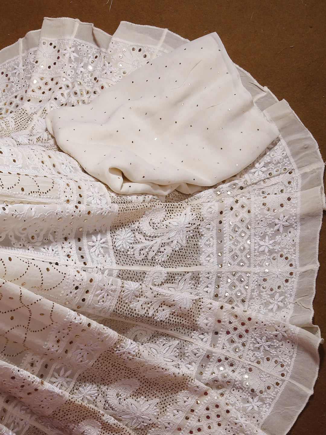 Ada Hand Embroidered Ivory White Pure Georgette Lucknowi Chikankari Lehenga Set With Muqaish Work 01A377873