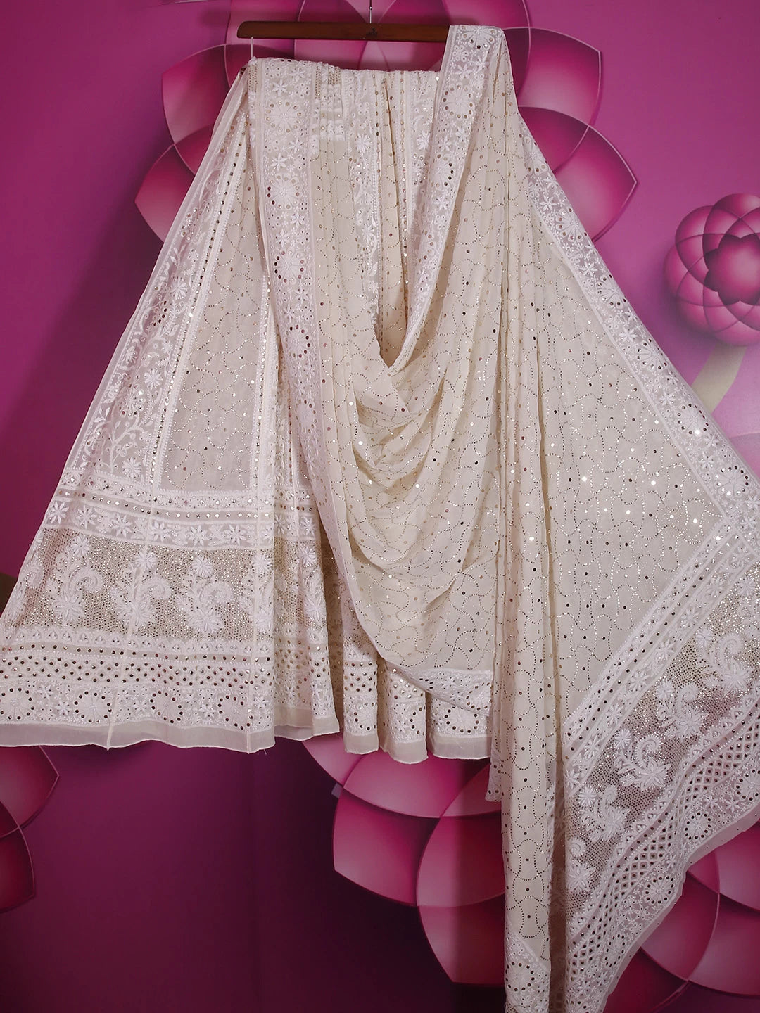 Ada Hand Embroidered Ivory White Pure Georgette Lucknowi Chikankari Lehenga Set With Muqaish Work 01A377873