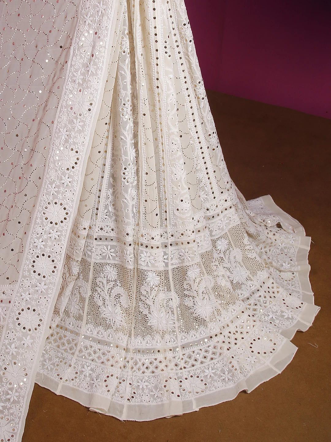 Ada Hand Embroidered Ivory White Pure Georgette Lucknowi Chikankari Lehenga Set With Muqaish Work 01A377873