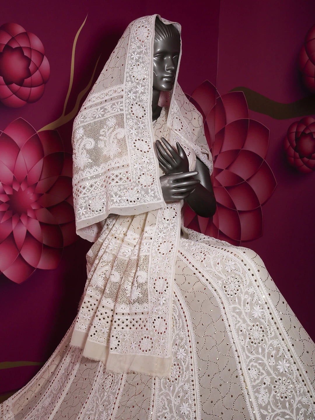 Ada Hand Embroidered Ivory White Pure Georgette Lucknowi Chikankari Lehenga Set With Muqaish Work 01A377873