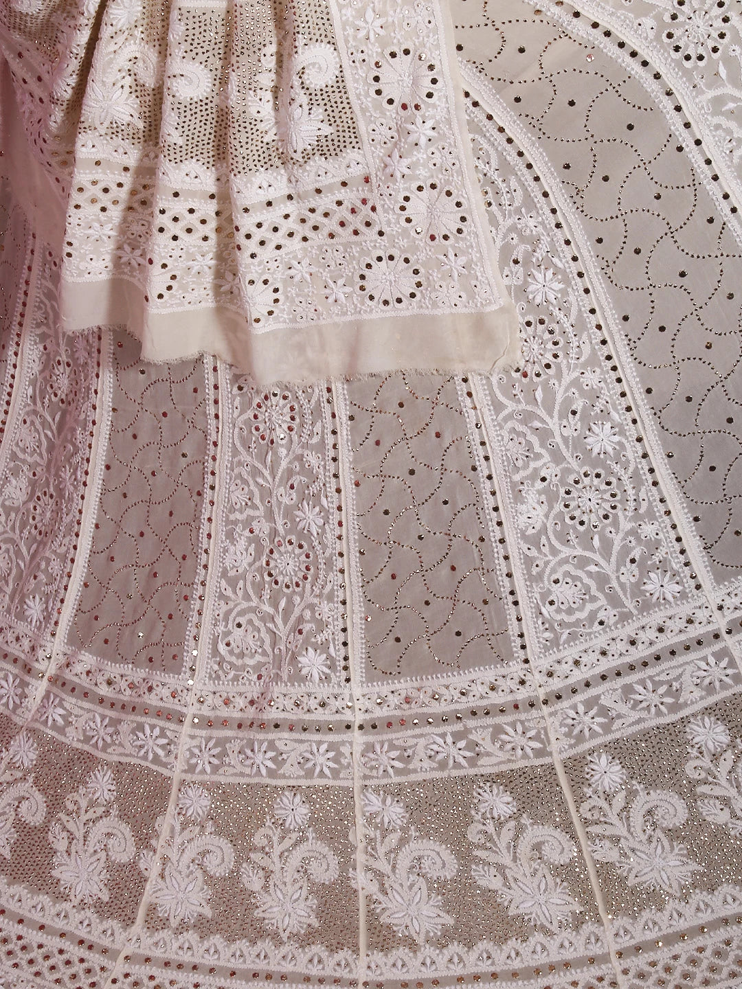 Ada Hand Embroidered Ivory White Pure Georgette Lucknowi Chikankari Lehenga Set With Muqaish Work 01A377873