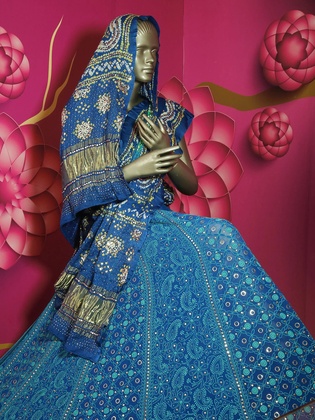 Ada Hand Embroidered Blue Pure Georgette Lucknowi Chikankari Lehenga Set With Muqaish Work 01A162851