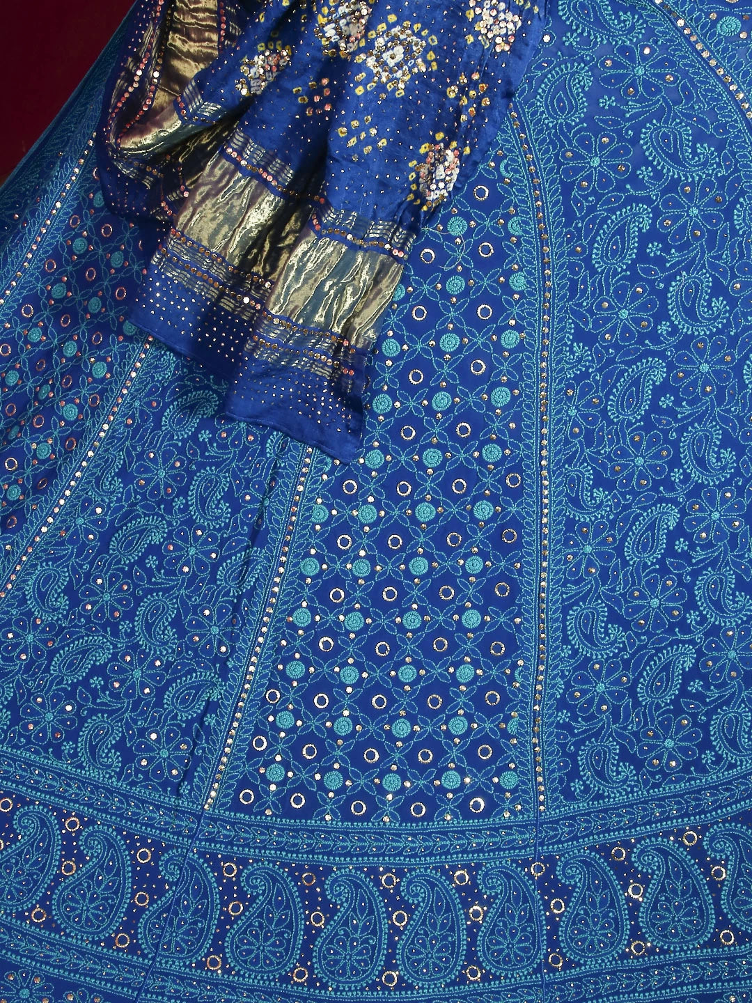 Ada Hand Embroidered Blue Pure Georgette Lucknowi Chikankari Lehenga Set With Muqaish Work 01A162851