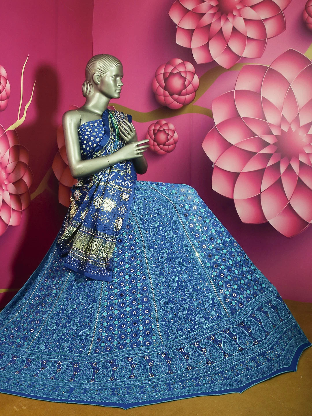 Ada Hand Embroidered Blue Pure Georgette Lucknowi Chikankari Lehenga Set With Muqaish Work 01A162851