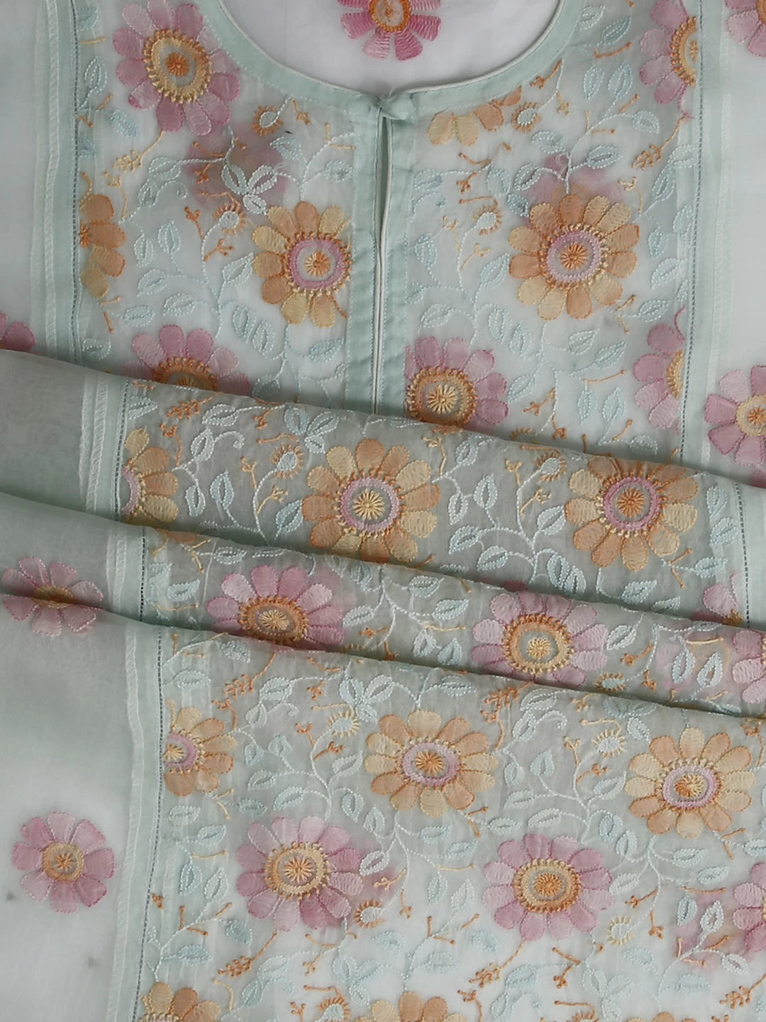 Ada Hand Embroidered Sea Foam Green Organza Lucknowi Chikankari Semi stitched Kurta Dupatta Set 01A447085