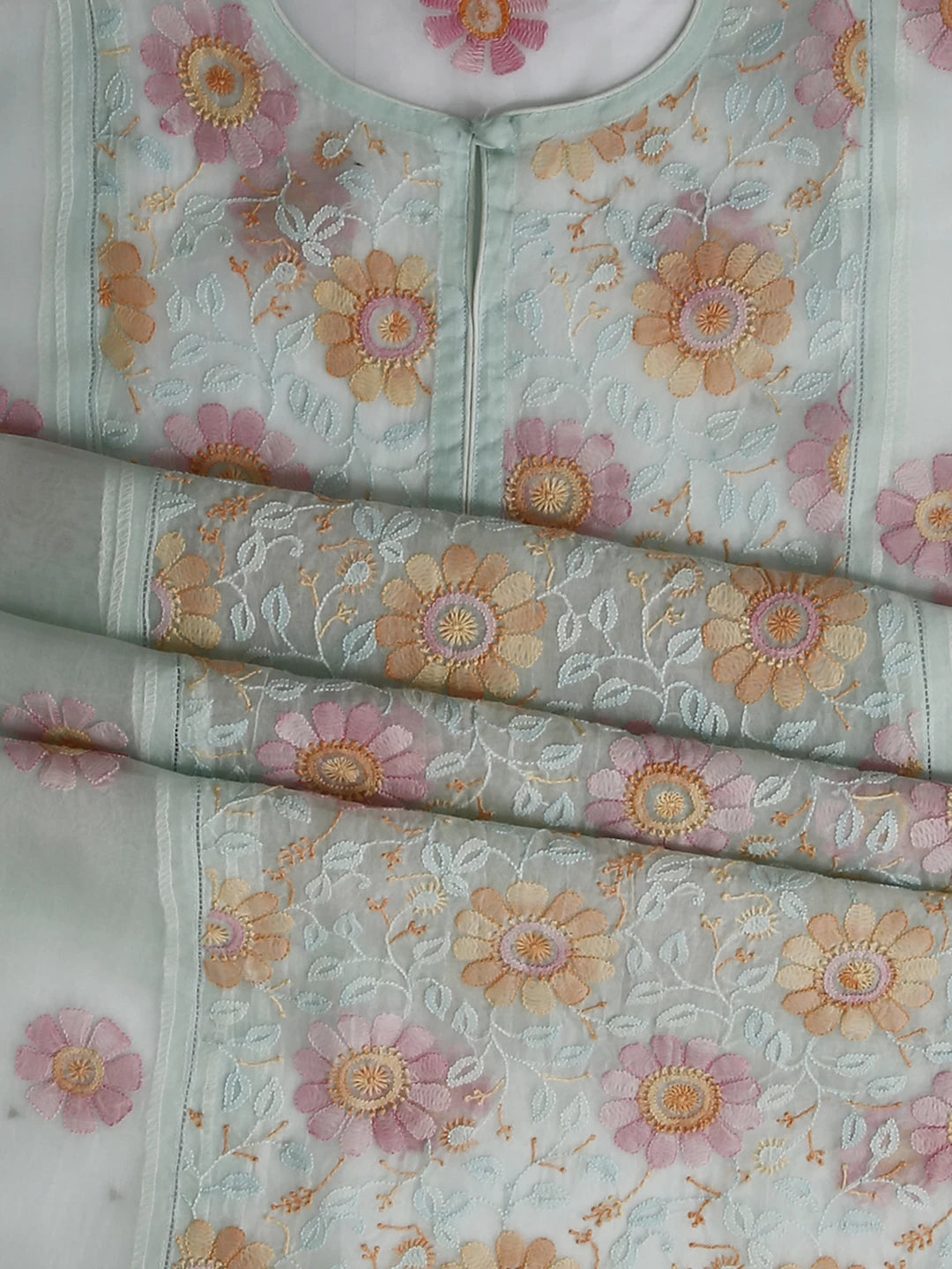 Ada Hand Embroidered Sea Foam Green Organza Lucknowi Chikankari Semi stitched Kurta Dupatta Set 01A447085