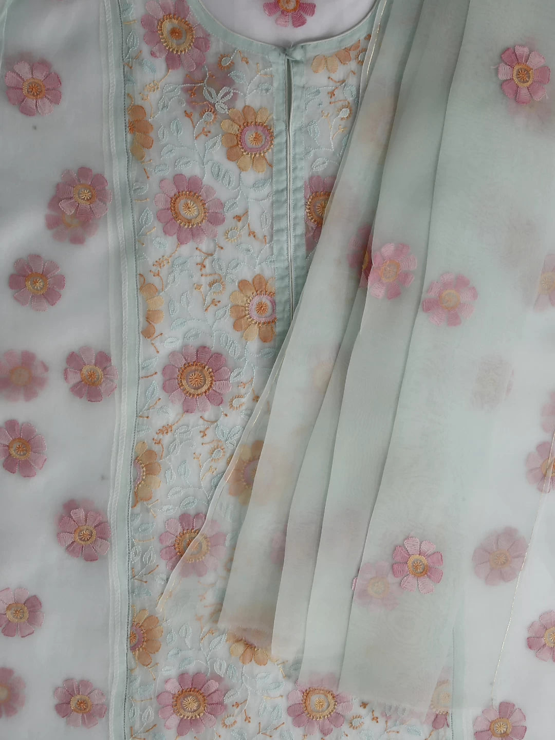 Ada Hand Embroidered Sea Foam Green Organza Lucknowi Chikankari Semi stitched Kurta Dupatta Set 01A447085