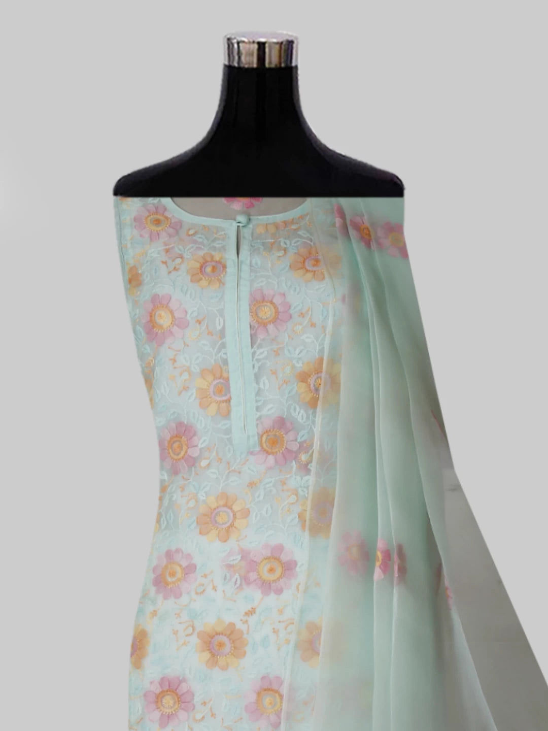 Ada Hand Embroidered Sea Foam Green Organza Lucknowi Chikankari Semi stitched Kurta Dupatta Set 01A447085