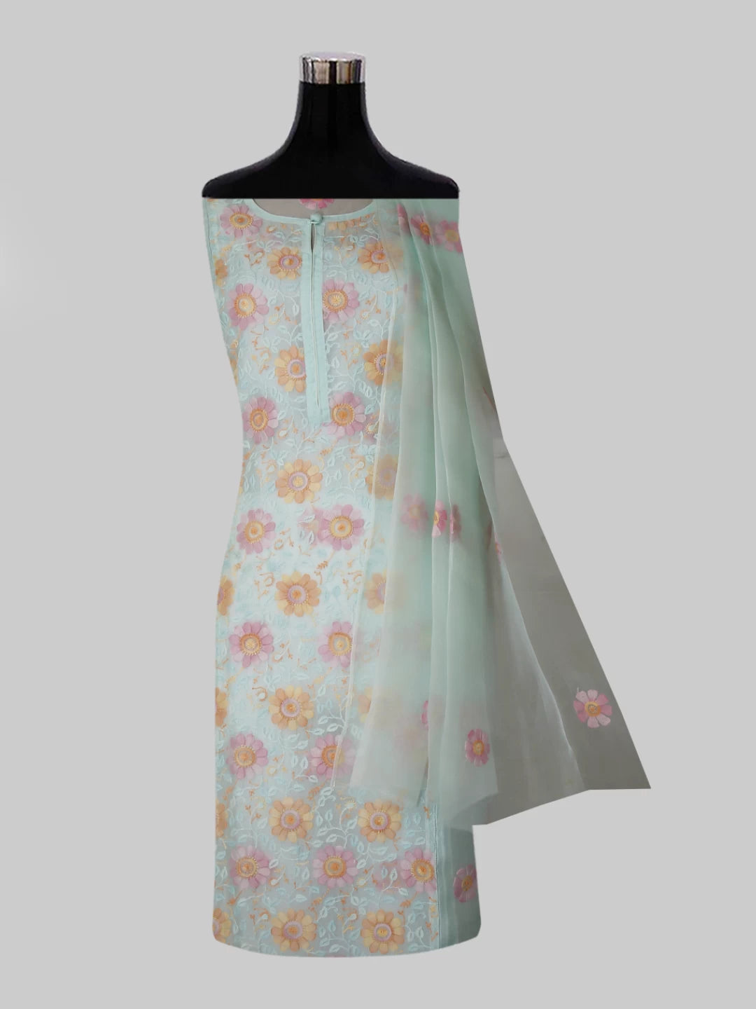 Ada Hand Embroidered Sea Foam Green Organza Lucknowi Chikankari Semi stitched Kurta Dupatta Set 01A447085