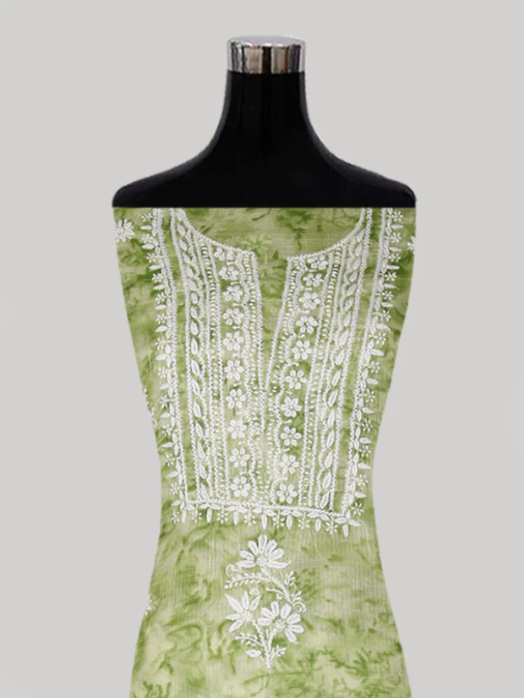 Ada Hand Embroidered Green Kota Lucknowi Chikankari Unstitched Kurta Dupatta Set 01A389451