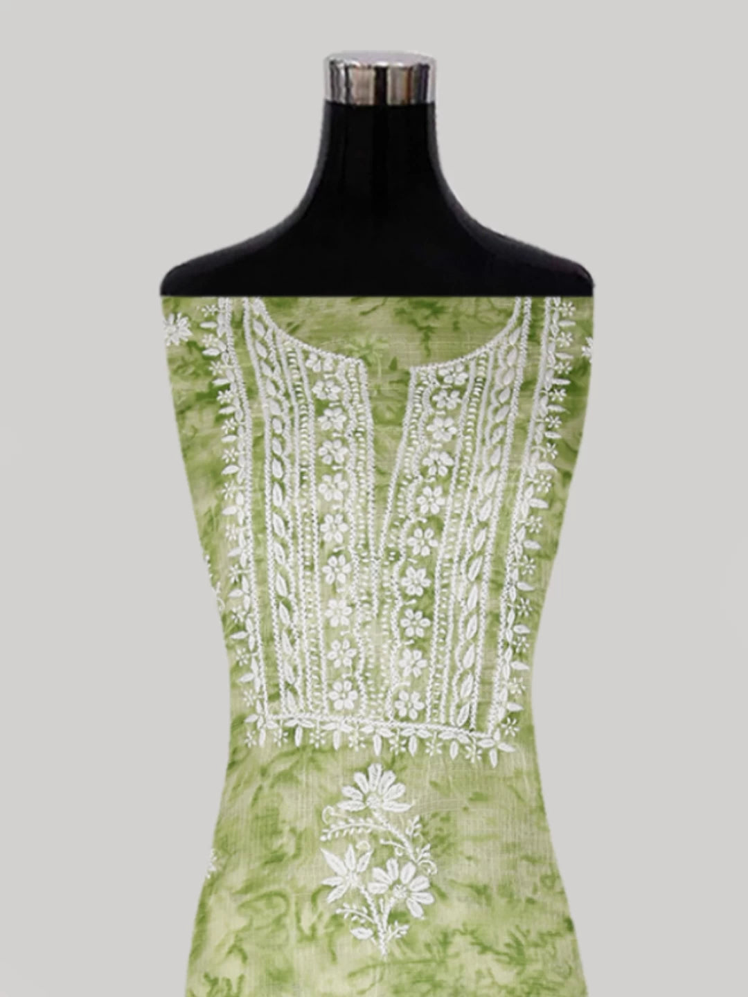 Ada Hand Embroidered Green Kota Lucknowi Chikankari Unstitched Kurta Dupatta Set 01A389451