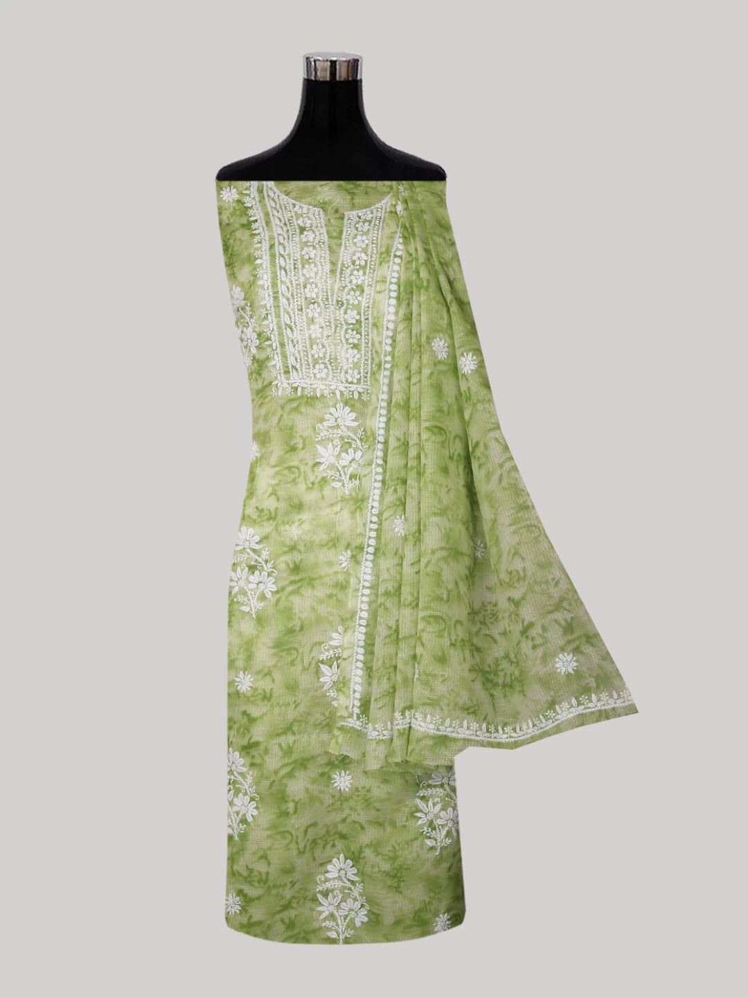 Ada Hand Embroidered Green Kota Lucknowi Chikankari Unstitched Kurta Dupatta Set 01A389451