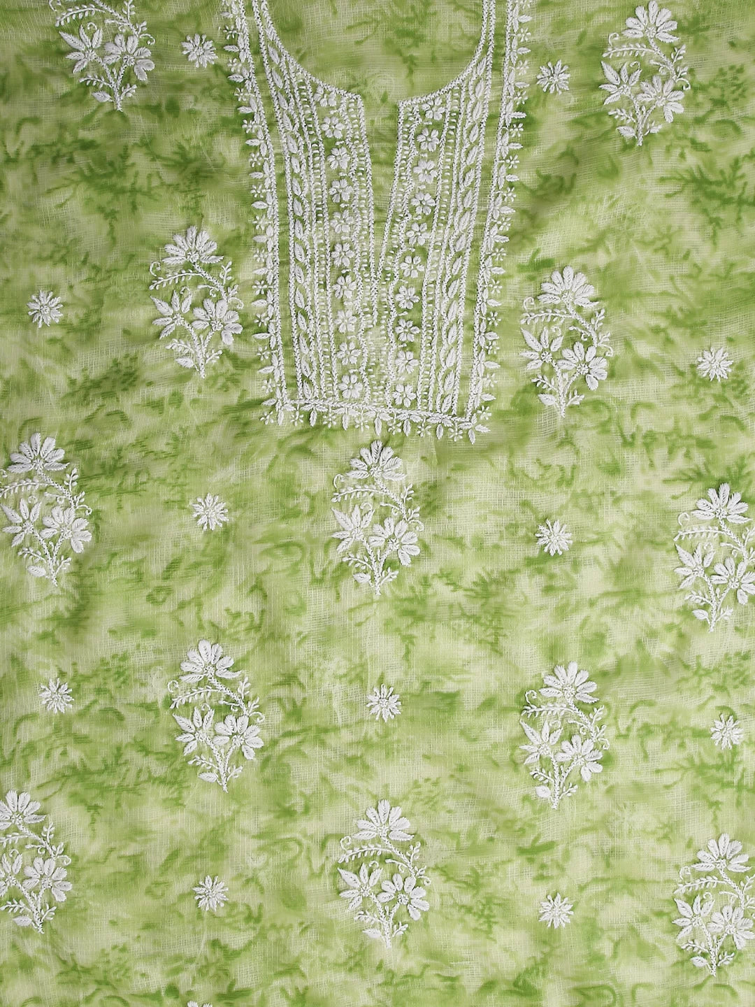Ada Hand Embroidered Green Kota Lucknowi Chikankari Unstitched Kurta Dupatta Set 01A389451