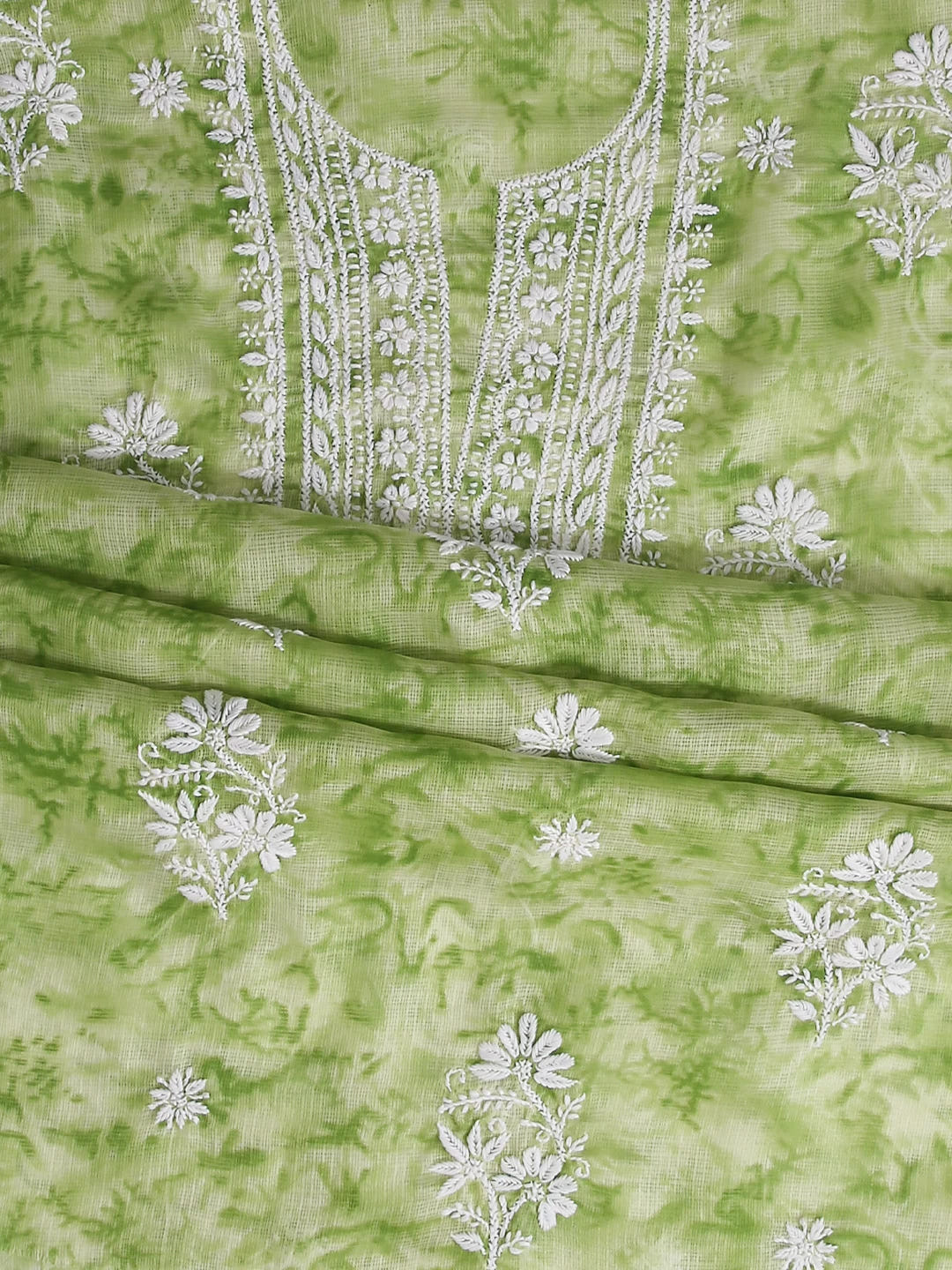Ada Hand Embroidered Green Kota Lucknowi Chikankari Unstitched Kurta Dupatta Set 01A389451