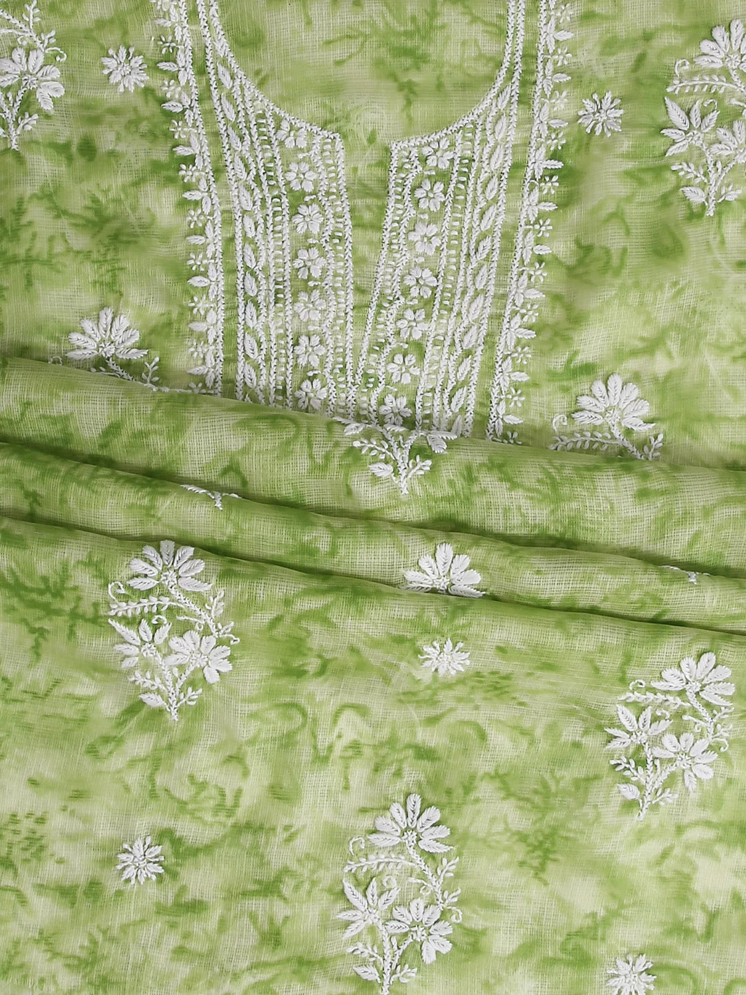 Ada Hand Embroidered Green Kota Lucknowi Chikankari Unstitched Kurta Dupatta Set 01A389451