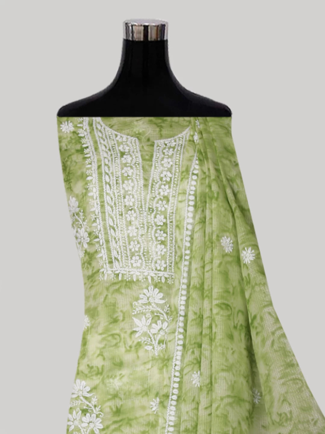 Ada Hand Embroidered Green Kota Lucknowi Chikankari Unstitched Kurta Dupatta Set 01A389451