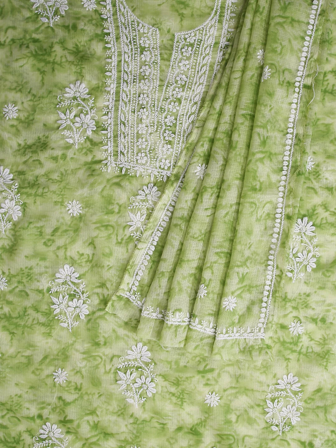 Ada Hand Embroidered Green Kota Lucknowi Chikankari Unstitched Kurta Dupatta Set 01A389451