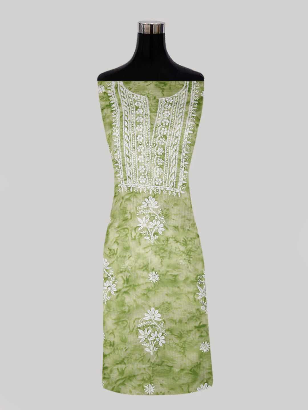 Ada Hand Embroidered Green Kota Lucknowi Chikankari Unstitched Kurta Dupatta Set 01A389451
