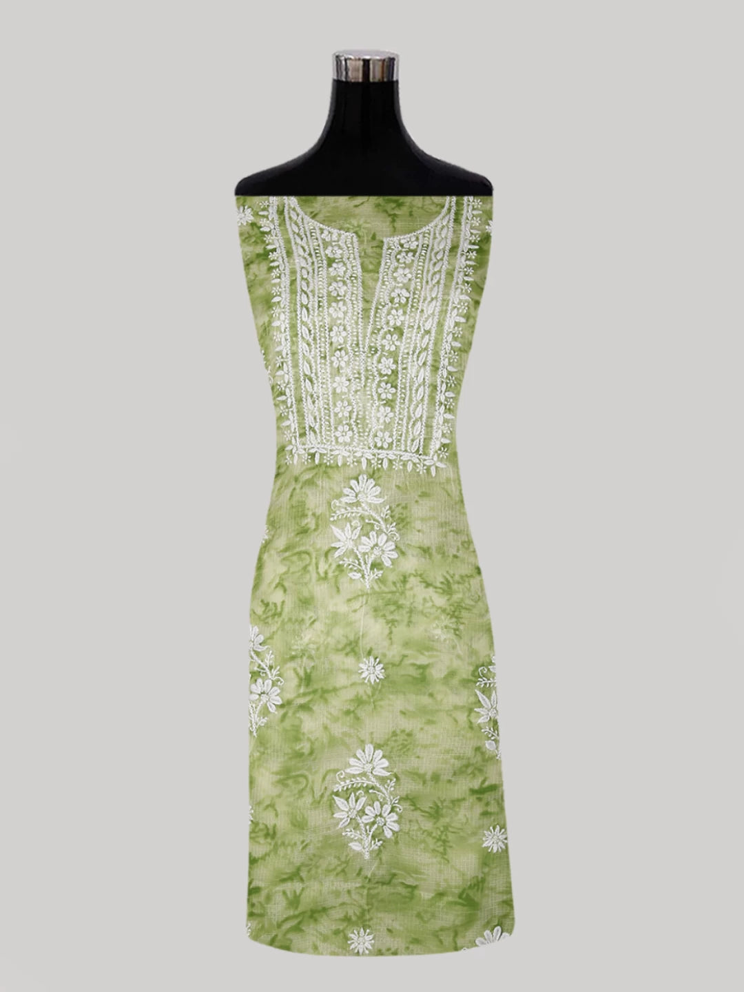 Ada Hand Embroidered Green Kota Lucknowi Chikankari Unstitched Kurta Dupatta Set 01A389451