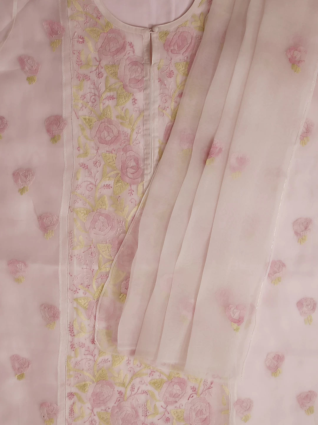 Ada Hand Embroidered Light Pink Organza Lucknowi Chikankari Semi stitched Kurta Dupatta Set 01A447090