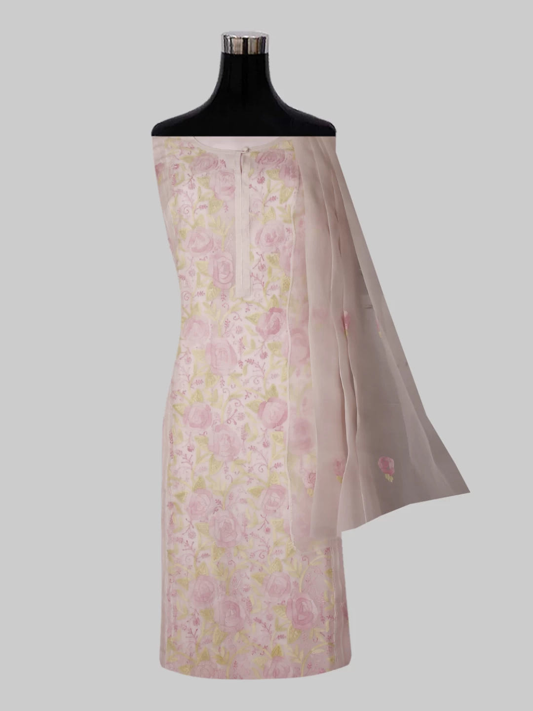 Ada Hand Embroidered Light Pink Organza Lucknowi Chikankari Semi stitched Kurta Dupatta Set 01A447090